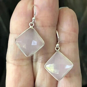 Rose Quartz Beveled Diamond Shape Square 925 Sterling Silver Handmade Earrings